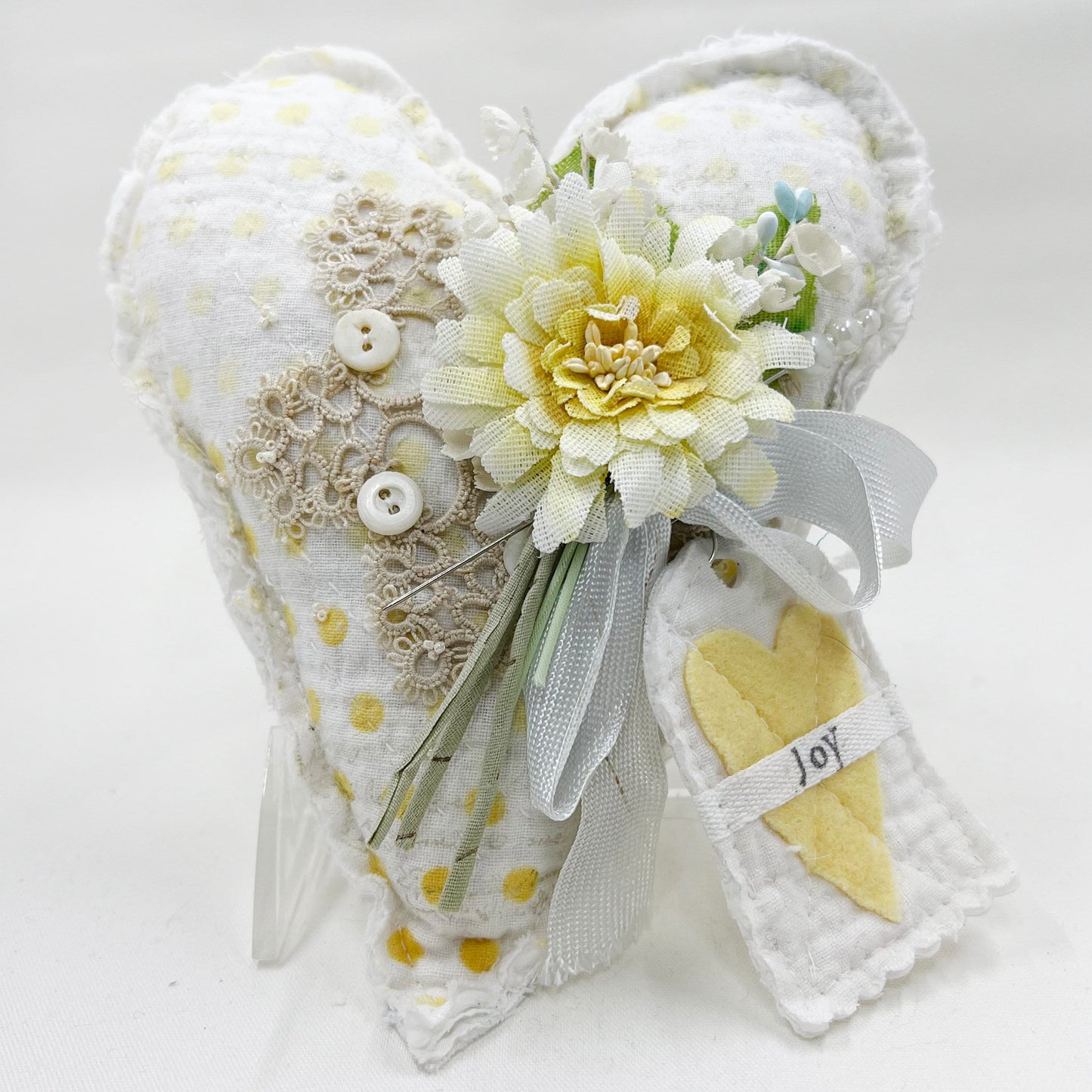 Handmade Heartfelt Love Notes Vintage Heart Bowl Filler #5: mixed media fabric art with handmade flowers by artist Tammy Tutterow