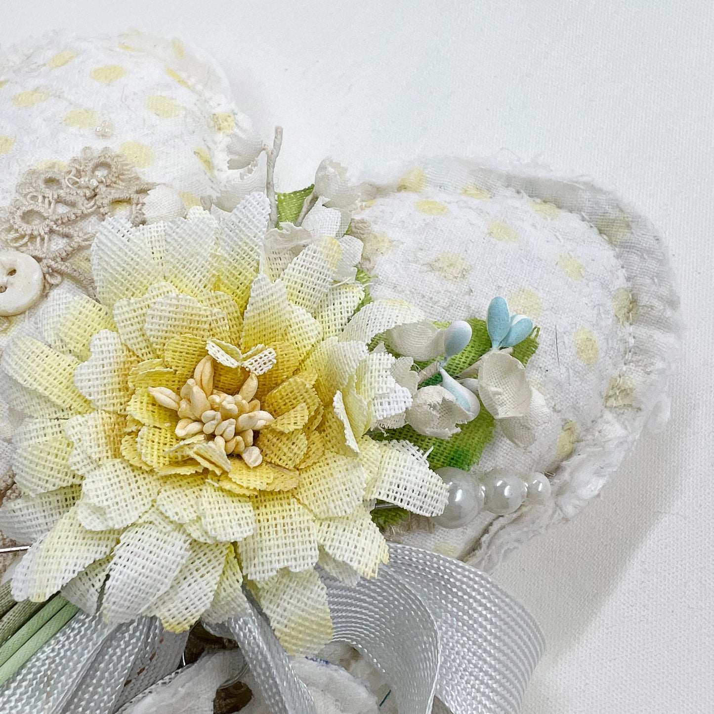 Handmade Heartfelt Love Notes Vintage Heart Bowl Filler #5: mixed media fabric art with handmade flowers by artist Tammy Tutterow