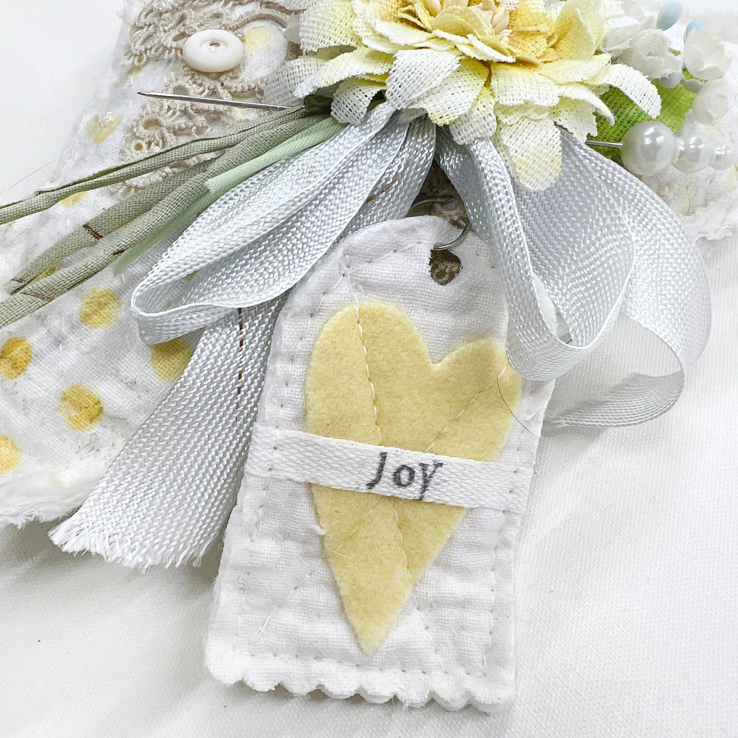 Handmade Heartfelt Love Notes Vintage Heart Bowl Filler #5: mixed media fabric art with handmade flowers by artist Tammy Tutterow