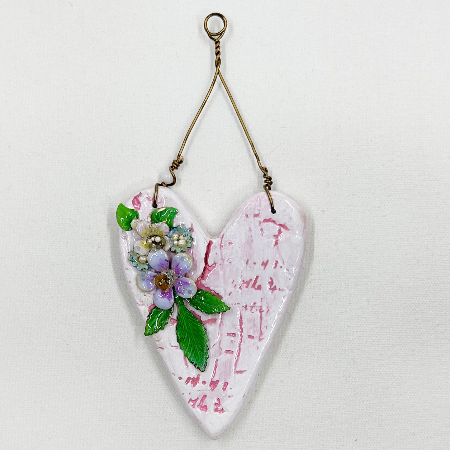 Handmade Heartfelt Ornament 3: hand sculpted heart with mixed media hand-painted enameled flowers by artist Tammy Tutterow