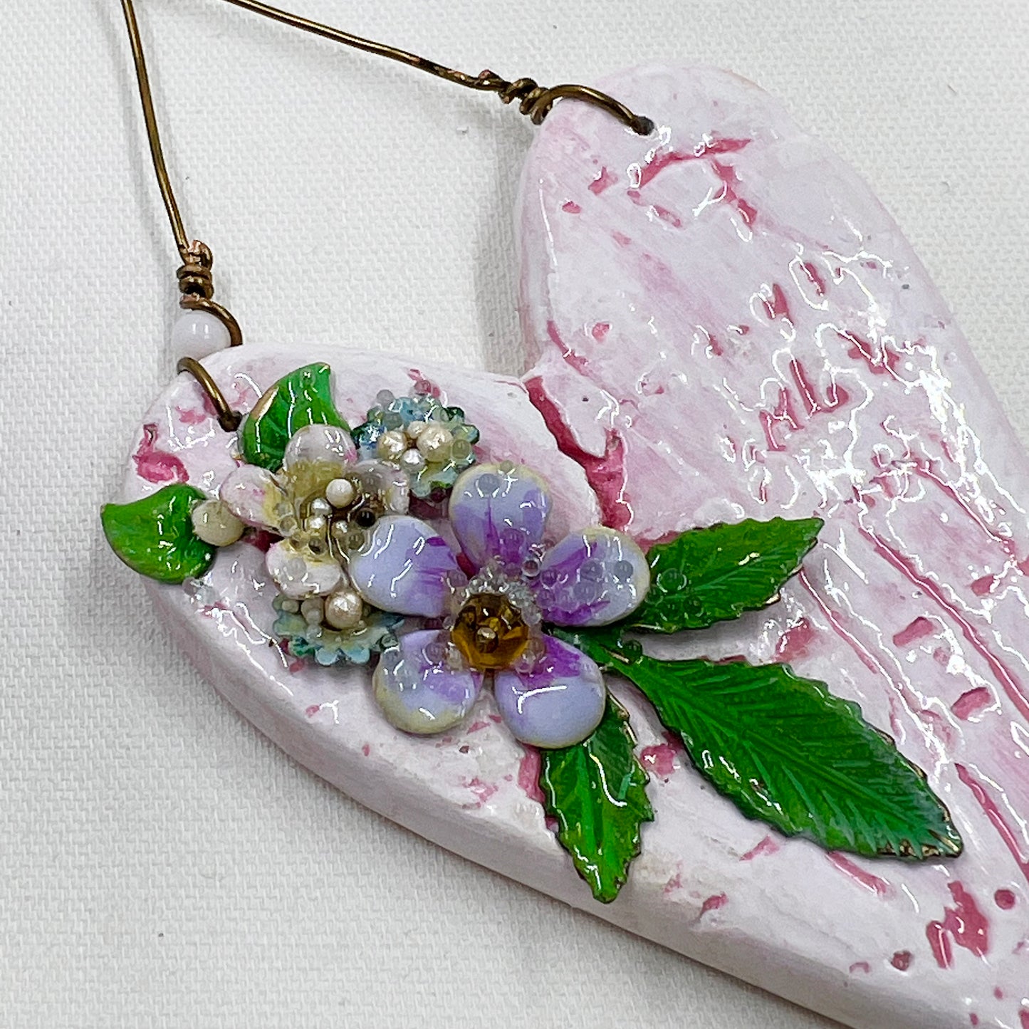 Handmade Heartfelt Ornament 3: hand sculpted heart with mixed media hand-painted enameled flowers by artist Tammy Tutterow