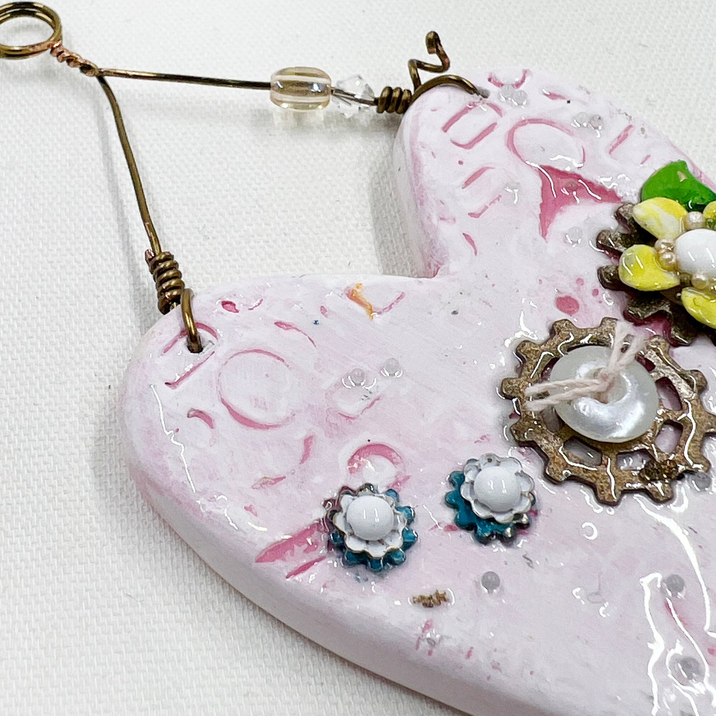 Handmade Heartfelt Ornament 4: hand sculpted heart with mixed media hand-painted enameled flowers by artist Tammy Tutterow