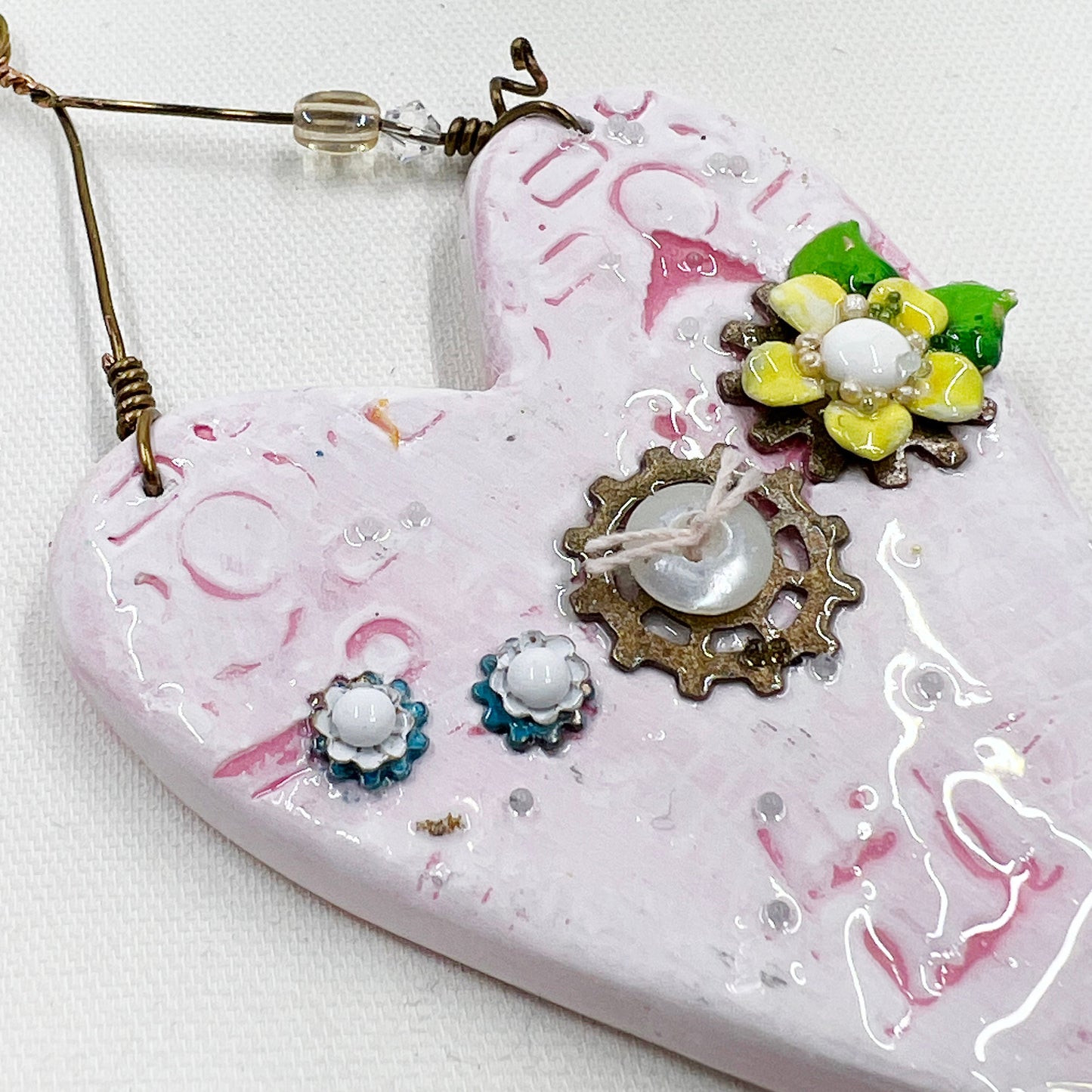 Handmade Heartfelt Ornament 4: hand sculpted heart with mixed media hand-painted enameled flowers by artist Tammy Tutterow