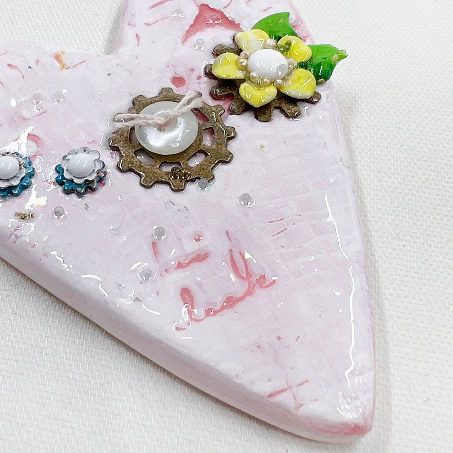 Handmade Heartfelt Ornament 4: hand sculpted heart with mixed media hand-painted enameled flowers by artist Tammy Tutterow