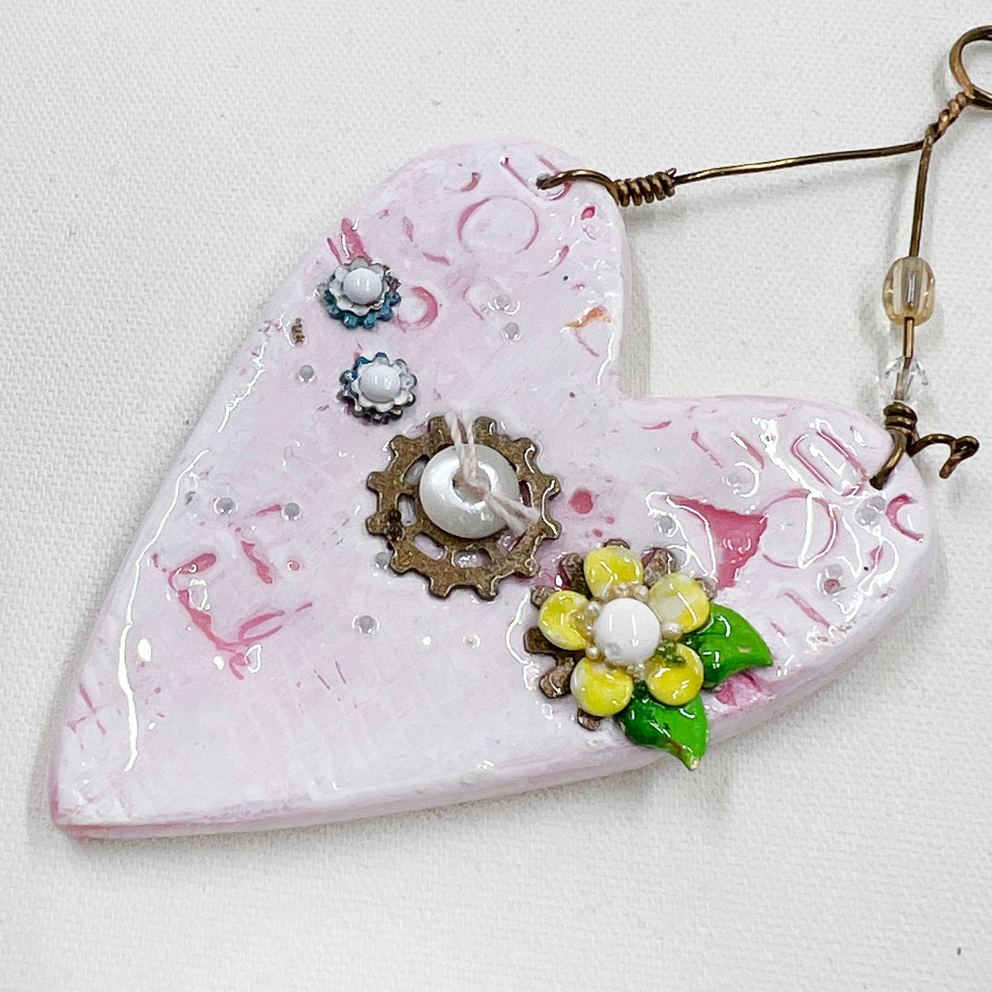 Handmade Heartfelt Ornament 4: hand sculpted heart with mixed media hand-painted enameled flowers by artist Tammy Tutterow