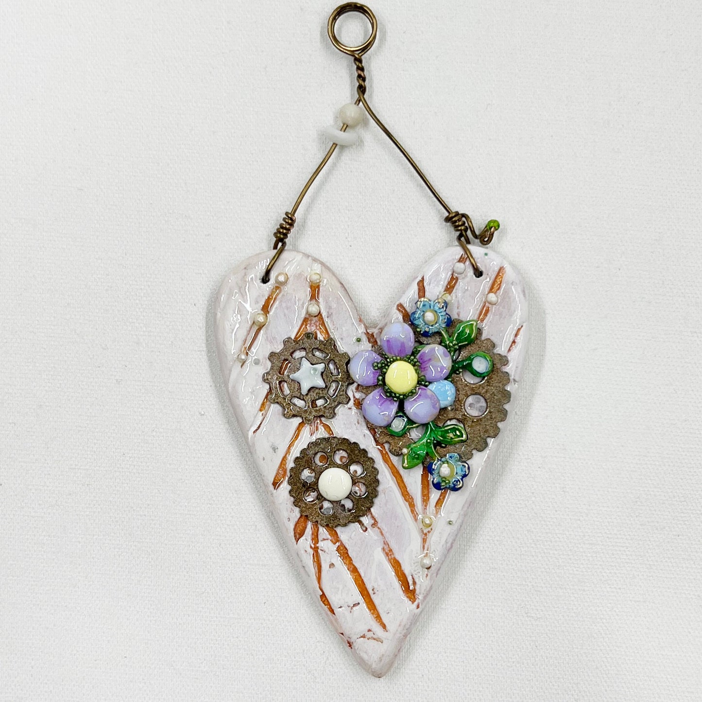 Handmade Heartfelt Ornament 5: hand sculpted heart with mixed media hand-painted enameled flowers by artist Tammy Tutterow