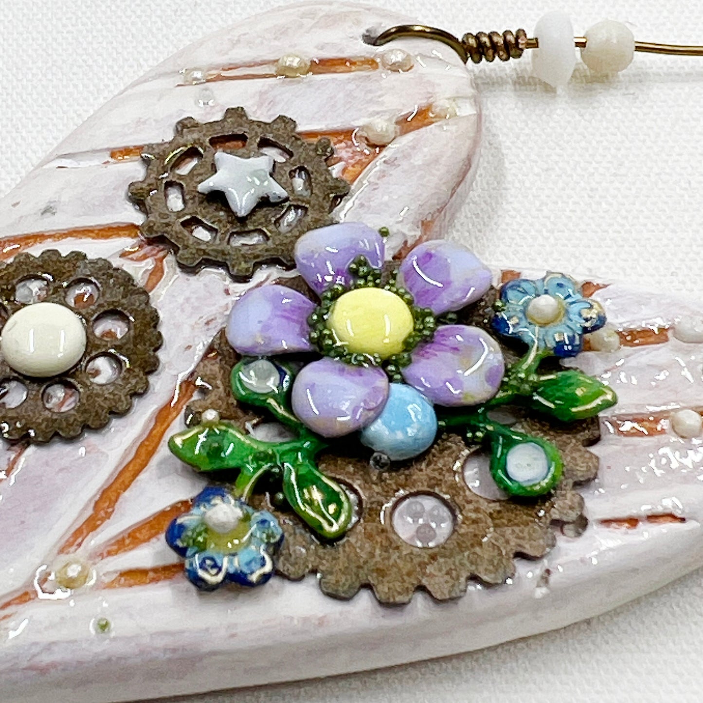 Handmade Heartfelt Ornament 5: hand sculpted heart with mixed media hand-painted enameled flowers by artist Tammy Tutterow