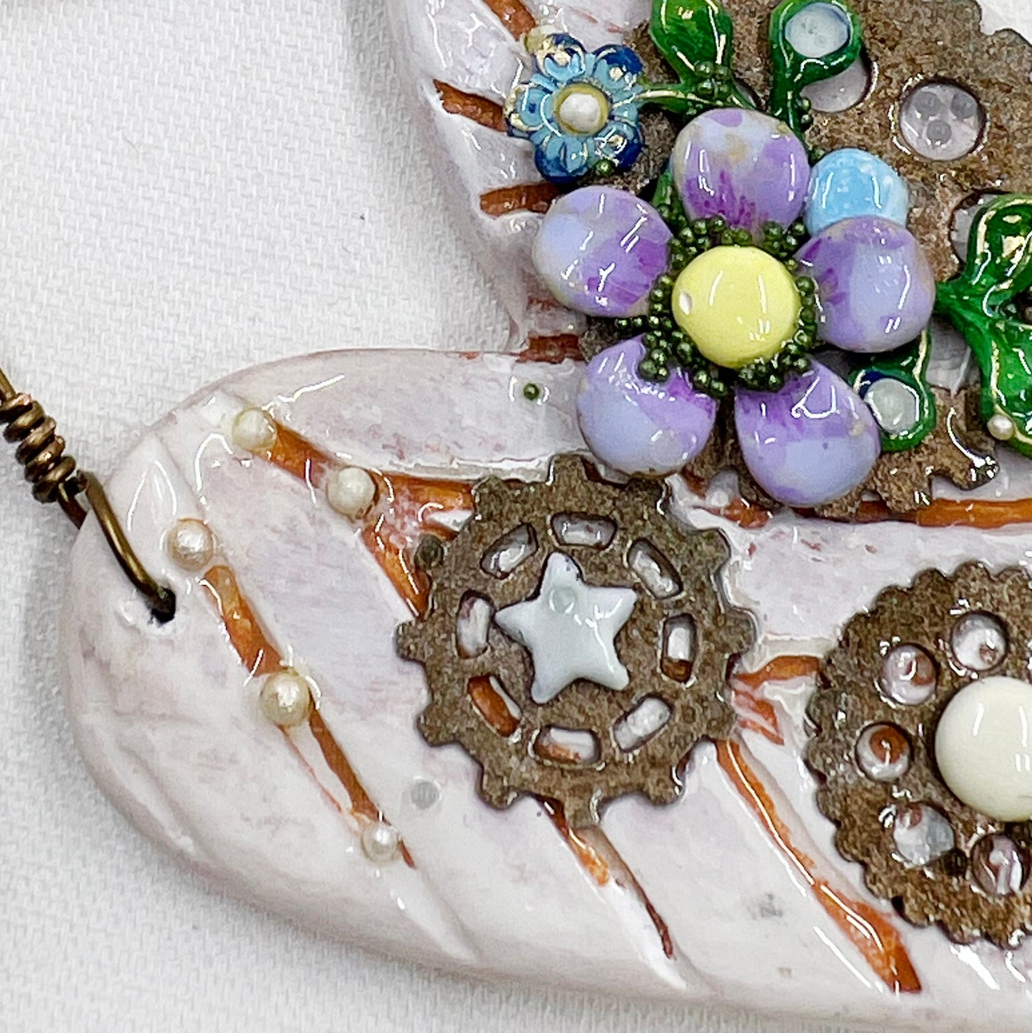 Handmade Heartfelt Ornament 5: hand sculpted heart with mixed media hand-painted enameled flowers by artist Tammy Tutterow