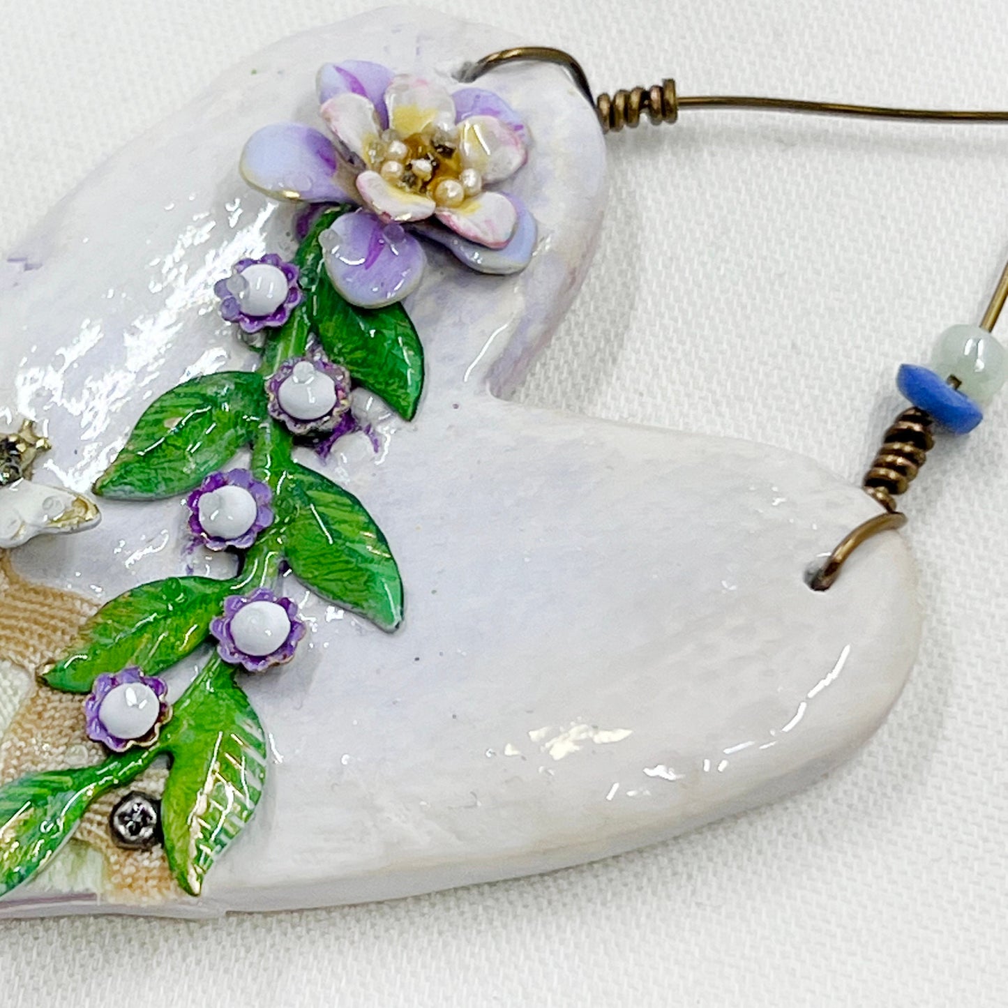 Handmade Heartfelt Ornament 6: hand sculpted heart with mixed media hand-painted enameled flowers by artist Tammy Tutterow