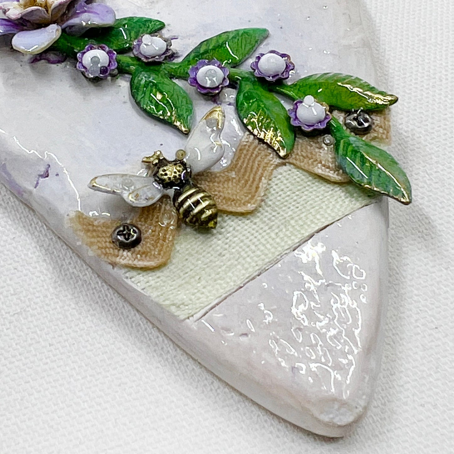 Handmade Heartfelt Ornament 6: hand sculpted heart with mixed media hand-painted enameled flowers by artist Tammy Tutterow