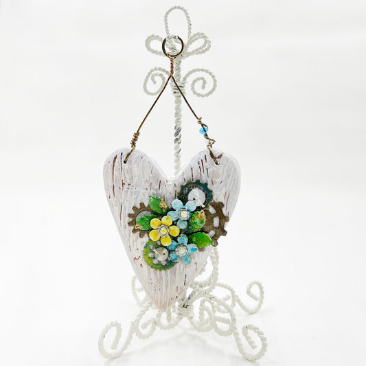 Handmade Heartfelt Ornament 8: hand sculpted heart with mixed media hand-painted enameled flowers by artist Tammy Tutterow