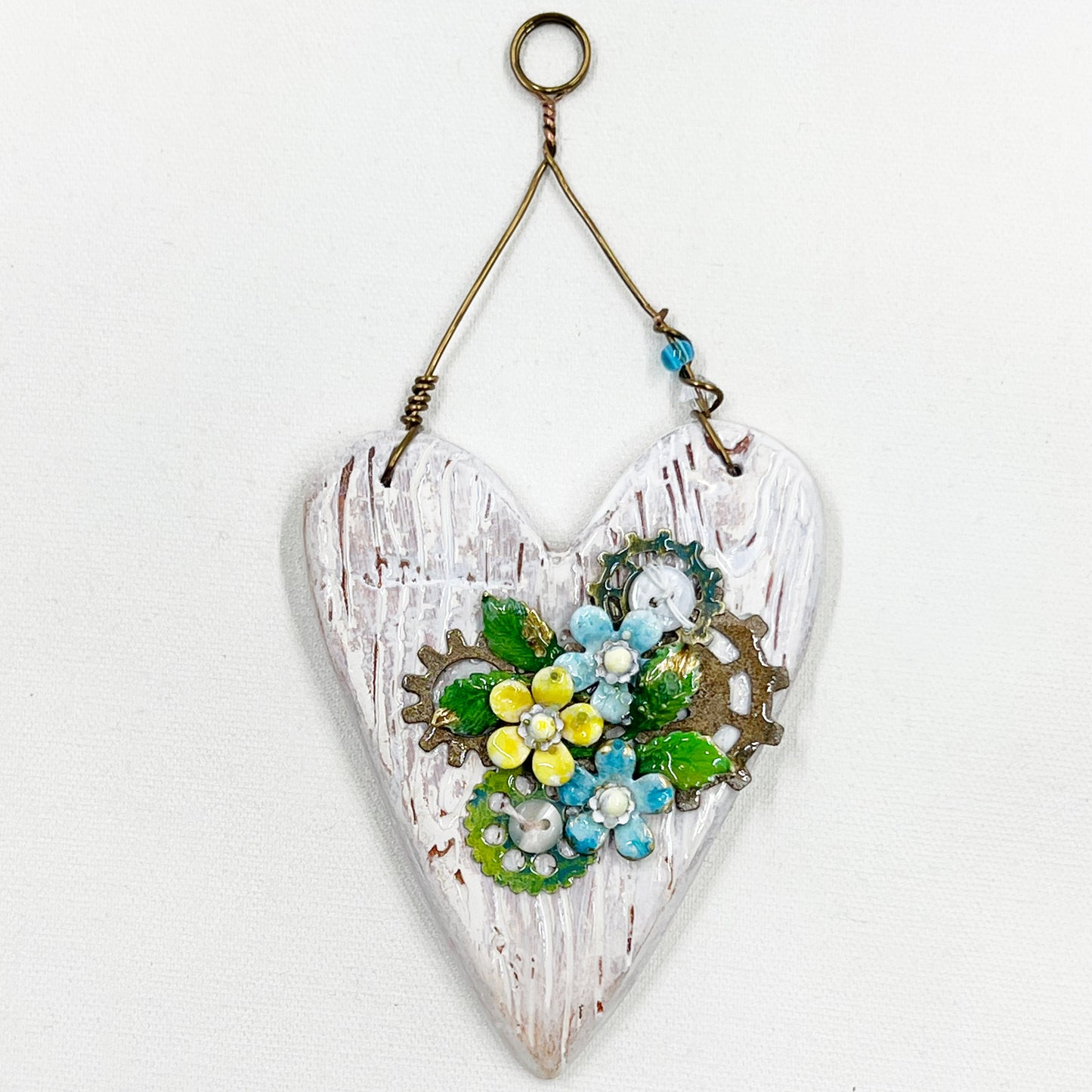 Handmade Heartfelt Ornament 8: hand sculpted heart with mixed media hand-painted enameled flowers by artist Tammy Tutterow