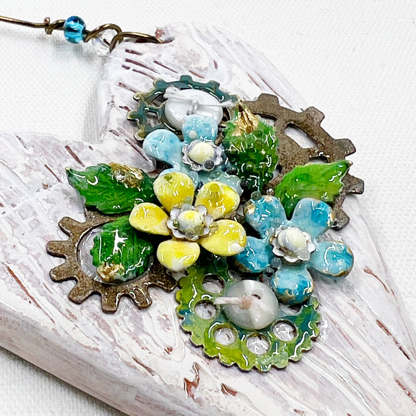 Handmade Heartfelt Ornament 8: hand sculpted heart with mixed media hand-painted enameled flowers by artist Tammy Tutterow