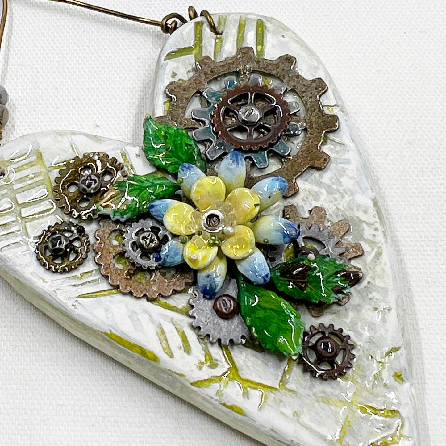 Handmade Heartfelt Ornament 10: hand sculpted heart with mixed media hand-painted enameled flowers by artist Tammy Tutterow