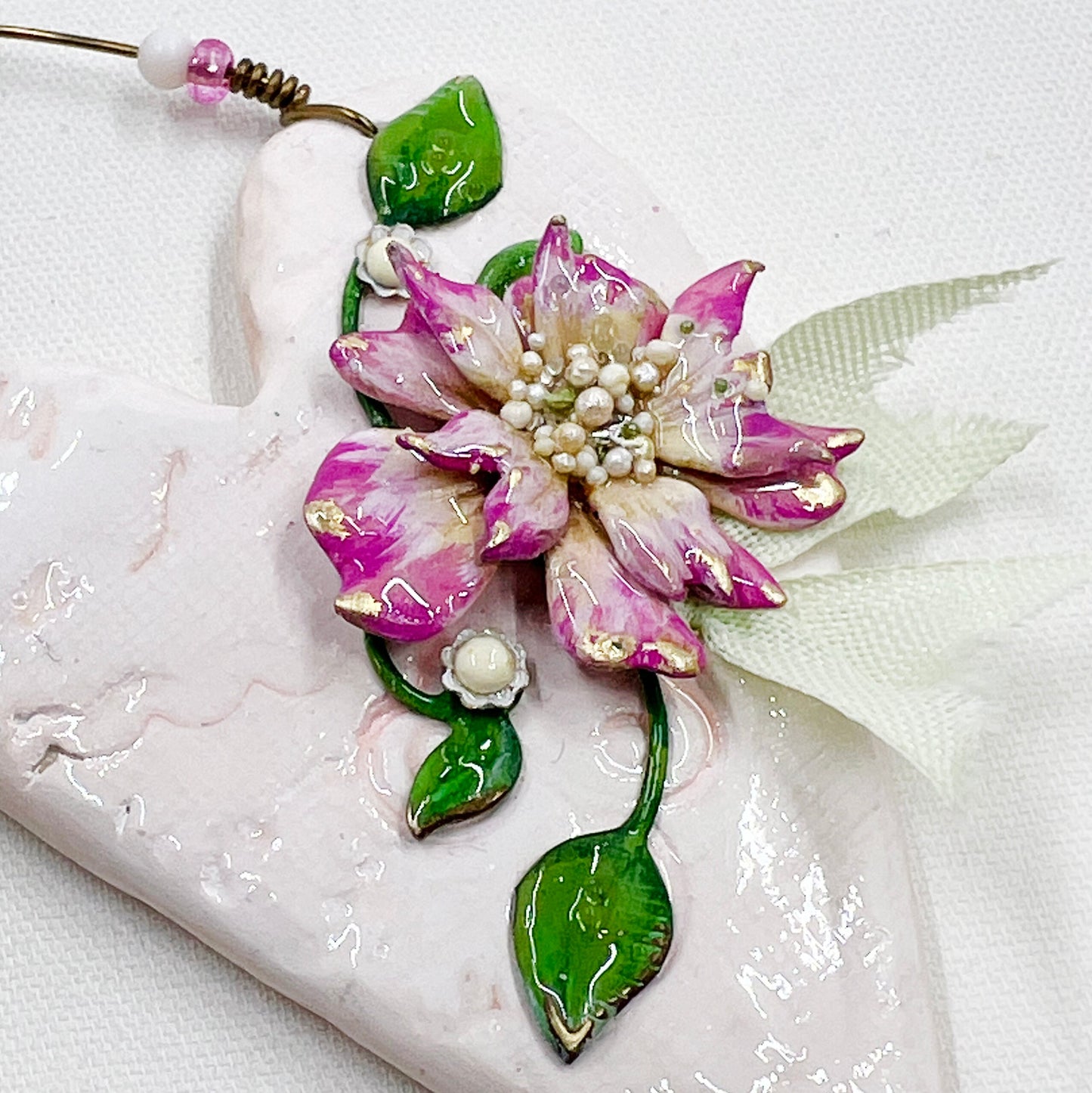 Handmade Heartfelt Ornament 12: hand sculpted heart with mixed media hand-painted enameled flowers by artist Tammy Tutterow