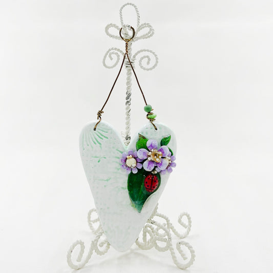 Handmade Heartfelt Ornament 13: hand sculpted heart with mixed media hand-painted enameled flowers by artist Tammy Tutterow