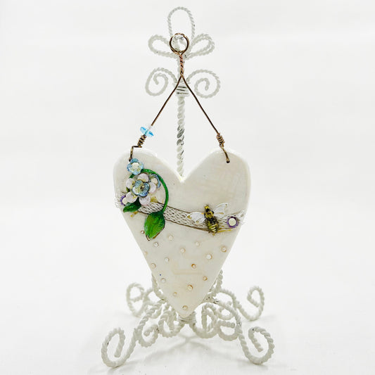 Handmade Heartfelt Ornament 14: hand sculpted heart with mixed media hand-painted enameled flowers by artist Tammy Tutterow