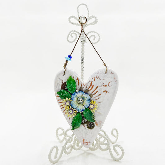 Handmade Heartfelt Ornament 15: hand sculpted heart with mixed media hand-painted enameled flowers by artist Tammy Tutterow