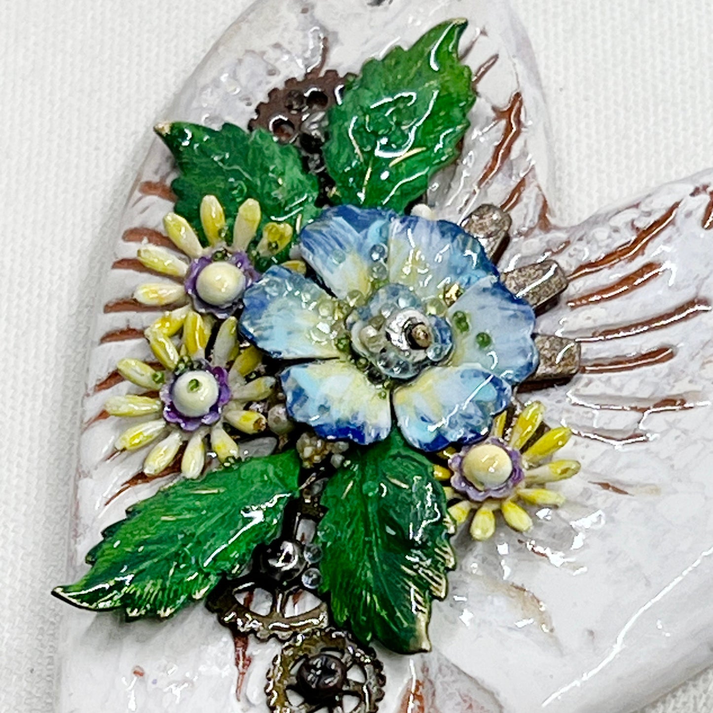 Handmade Heartfelt Ornament 15: hand sculpted heart with mixed media hand-painted enameled flowers by artist Tammy Tutterow