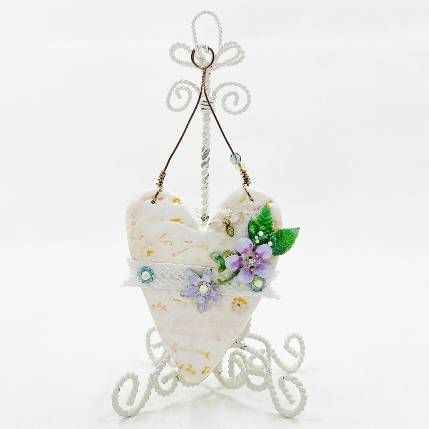 Handmade Heartfelt Ornament 16: hand sculpted heart with mixed media hand-painted enameled flowers by artist Tammy Tutterow
