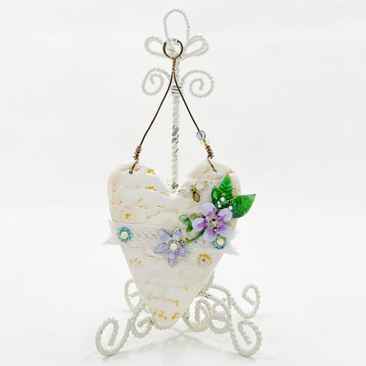 Handmade Heartfelt Ornament 16: hand sculpted heart with mixed media hand-painted enameled flowers by artist Tammy Tutterow